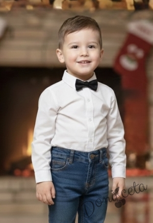 Официална детска риза с дълъг ръкав в бяло с папийонка и тиранти в черно