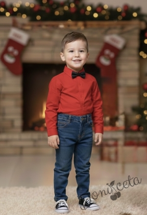 Официална детска риза с дълъг ръкав в червено с папийонка в черно