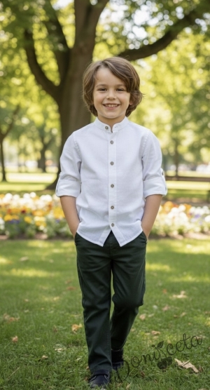 Коледен комплект за момче от 2 части-риза в бяло без яка и панталон в зелено