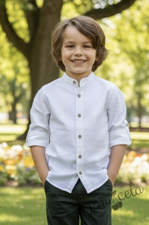 Коледен комплект за момче от 2 части-риза в бяло без яка и панталон в зелено