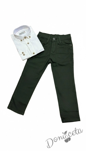 Коледен комплект за момче от 2 части-риза в бяло с яка в бяло и панталон в зелено