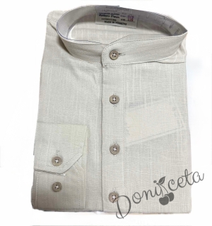 Детски комплект за момче от 2 части-риза в бежово без яка и панталон в зелено