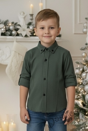 Детска риза за момче с дълъг ръкав в тъмнозелено с черни копчета