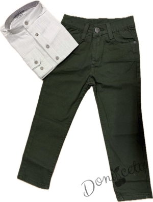 Детски комплект за момче от 2 части-риза в бежово без яка и панталон в зелено