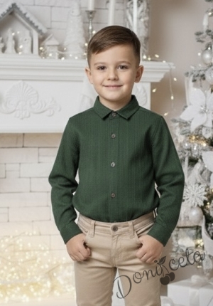 Детска риза за момче с дълъг ръкав в тъмнозелено на чертички