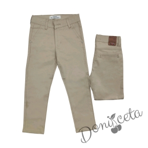 Детски комплект за момче от 2 части-риза в зелено с яка и панталон в бежово