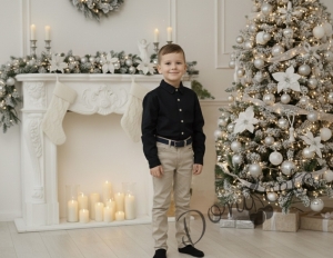 Детски комплект от риза с дълъг ръкав в черно и дълъг панталон в бежово от колекция Черновина с колан в черно 