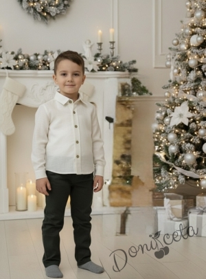 Детски комплект от риза с дълъг ръкав в екрю и дълъг панталон в зелено