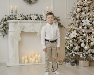 Детски комплект от риза с дълъг ръкав в бяло и дълъг панталон в бежово