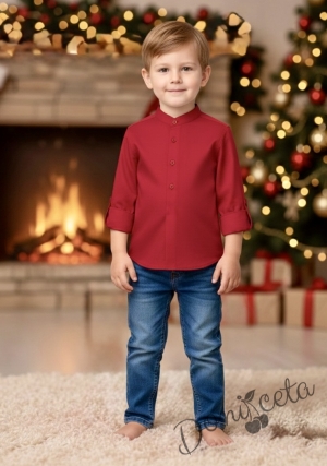 Детска официална риза с дълъг ръкав за момче в червено без яка