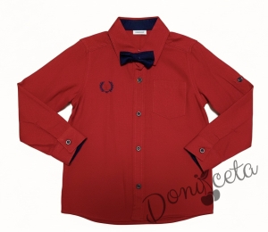 Официална риза за момче с дълъг ръкав в червено с папийонка в тъмносиньо