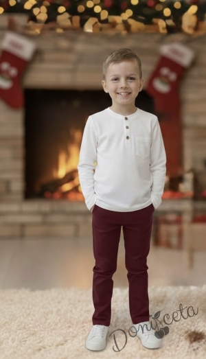  Комплект за момче от 2 части-блуза в бяло с копчета и панталон в бордо