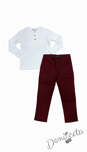  Комплект за момче от 2 части-блуза в бяло с копчета и панталон в бордо