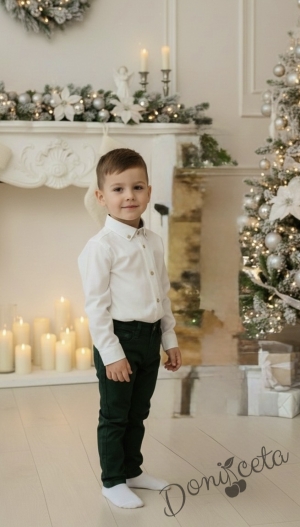 Коледен комплект за момче от 2 части-риза в бяло с яка в бяло и панталон в зелено