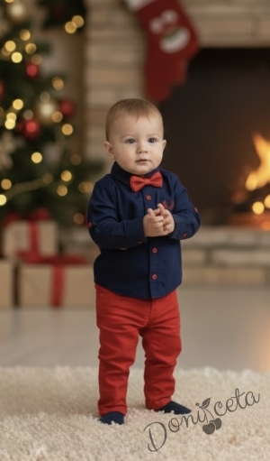 Комплект от риза в тъмносиньо с папийонка и панталон в тъмнпсиньо 