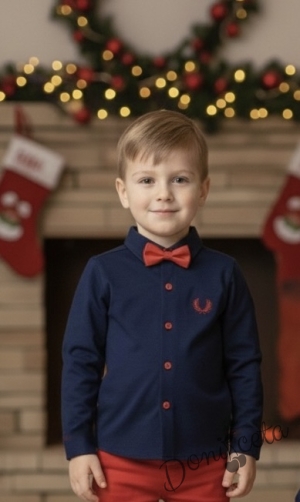 Комплект от риза в тъмносиньо с папийонка и панталон в тъмнпсиньо 