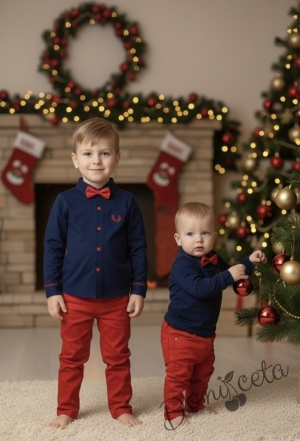 Комплект от риза в тъмносиньо с папийонка и панталон в тъмнпсиньо 