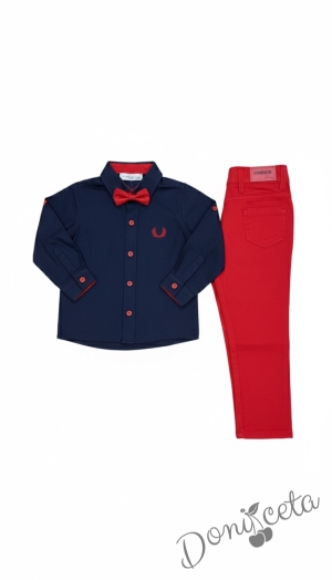 Комплект от риза в тъмносиньо с папийонка и панталон в тъмнпсиньо 