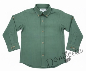 Детски комплект за момче от 2 части-риза в зелено с яка и панталон в бежово