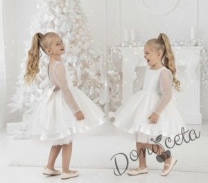 Официална детска рокля в бяло с  пайети с дълъг ръкав Естел