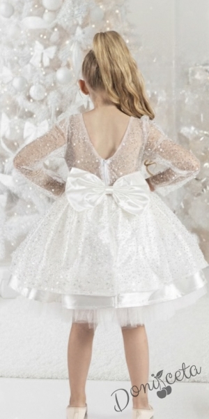 Официална детска рокля в бяло с  пайети с дълъг ръкав Естел