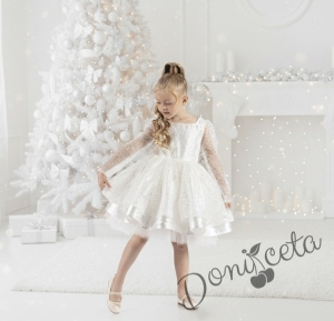 Официална детска рокля в бяло с  пайети с дълъг ръкав Естел