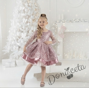 Официална детска рокля в пепел от рози в пайети с дълъг ръкав Естел