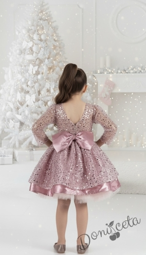 Официална детска рокля в пепел от рози в пайети с дълъг ръкав Естел