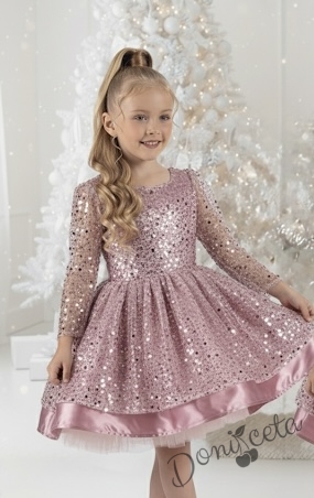Официална детска рокля в пепел от рози в пайети с дълъг ръкав Естел