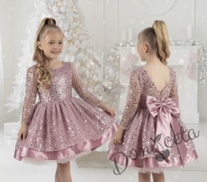 Официална детска рокля в пепел от рози в пайети с дълъг ръкав Естел