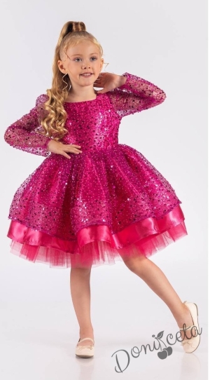 Официална детска рокля в циклама в брокат с дълъг ръкав Естел 1