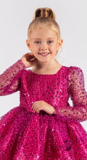 Официална детска рокля в циклама в брокат с дълъг ръкав Естел 2