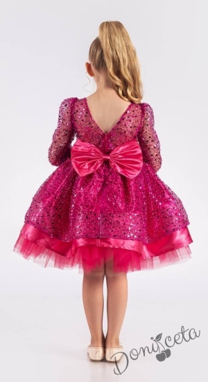 Официална детска рокля в циклама в брокат с дълъг ръкав Естел 3