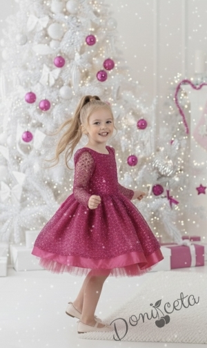 Официална детска рокля в циклама с пайети с дълъг ръкав Естел