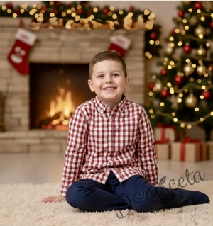 Детски комплект за момче от 2 части-риза в червено на квадратчета и панталон в тъмносиньо