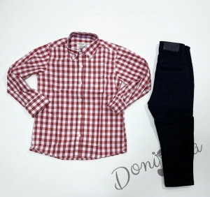 Детски комплект за момче от 2 части-риза в червено на квадратчета и панталон в тъмносиньо