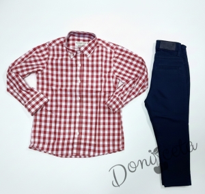Детски комплект за момче от 2 части-риза в червено на квадратчета и панталон в черно
