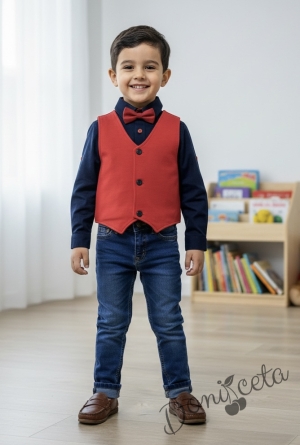  Комплект за момче от 4 части детска  риза с дълъг ръкав  в тъмносиньо,  елек в червено с папийонка и дънки