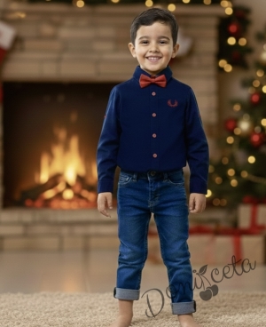  Комплект за момче от 4 части детска  риза с дълъг ръкав  в тъмносиньо,  елек в червено с папийонка и дънки