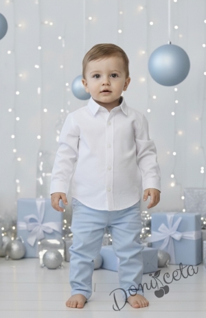 Детски комплект за момче от 4 части-риза в бяло с яка, панталон в светлосиньо, тиранти и папийонка