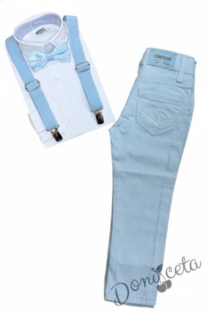 Детски комплект за момче от 4 части-риза в бяло с яка, панталон в светлосиньо, тиранти и папийонка