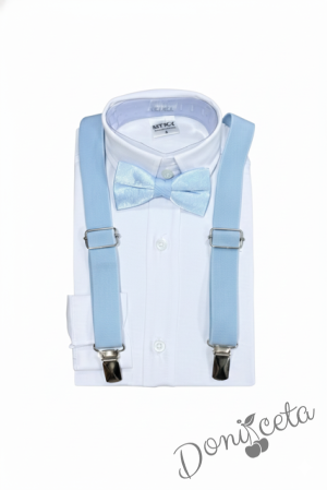 Детски комплект за момче от 4 части-риза в бяло с яка, панталон в светлосиньо, тиранти и папийонка