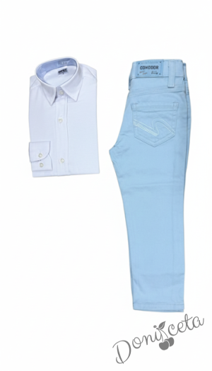 Детски комплект за момче от 4 части-риза в бяло с яка, панталон в светлосиньо, тиранти и папийонка