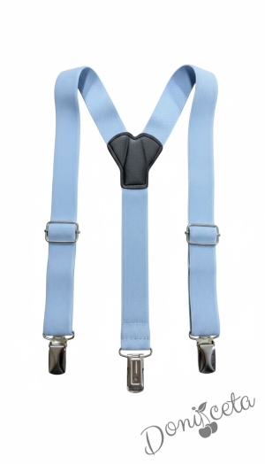 Детски комплект за момче от 4 части-риза в бяло с яка, панталон в бяло, тиранти и папийонка в светлосиньо