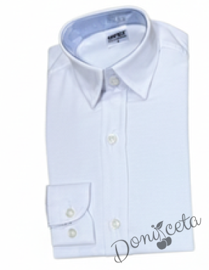 Детски комплект за момче от 4 части-риза в бяло с яка, панталон в бяло, тиранти и папийонка в светлосиньо