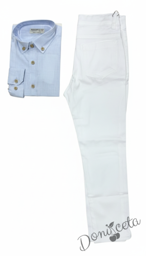 Детски комплект за момче от 2 части-риза в светлосиньо с яка и панталон в бяло Светлосияна
