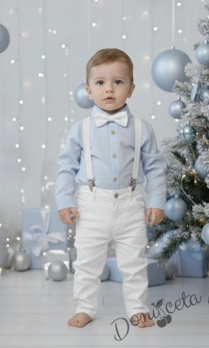 Детски комплект за момче от 2 части-риза в светлосиньо с яка, панталон в бяло и тиранти с папийонка Светлосияна