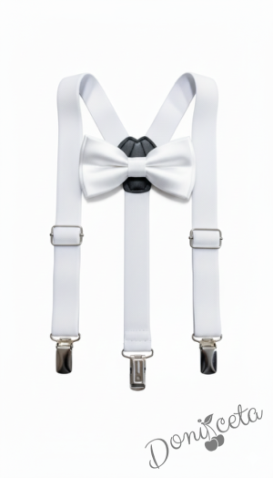 Детски комплект за момче от 2 части-риза в светлосиньо с яка, панталон в бяло и тиранти с папийонка Светлосияна