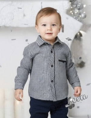 Официална детска риза с дълъг ръкав тъмносиньо на квадратчета
