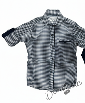 Официална детска риза с дълъг ръкав тъмносиньо на квадратчета